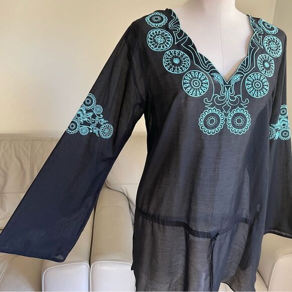 Saks Fifth Avenue Sz M Cotton Silk Embroidered Blouse Tunic Drawstring Black - Picture 7 of 12